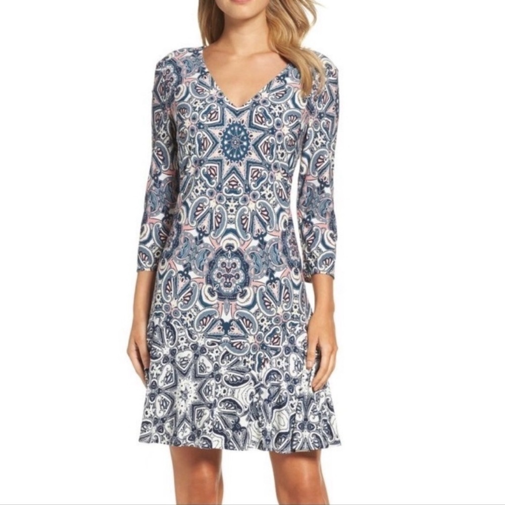 Eliza J Pink Navy Paisley Print V‎ Neck Fit Flare Dress 3/4 Sleeve 4P Party